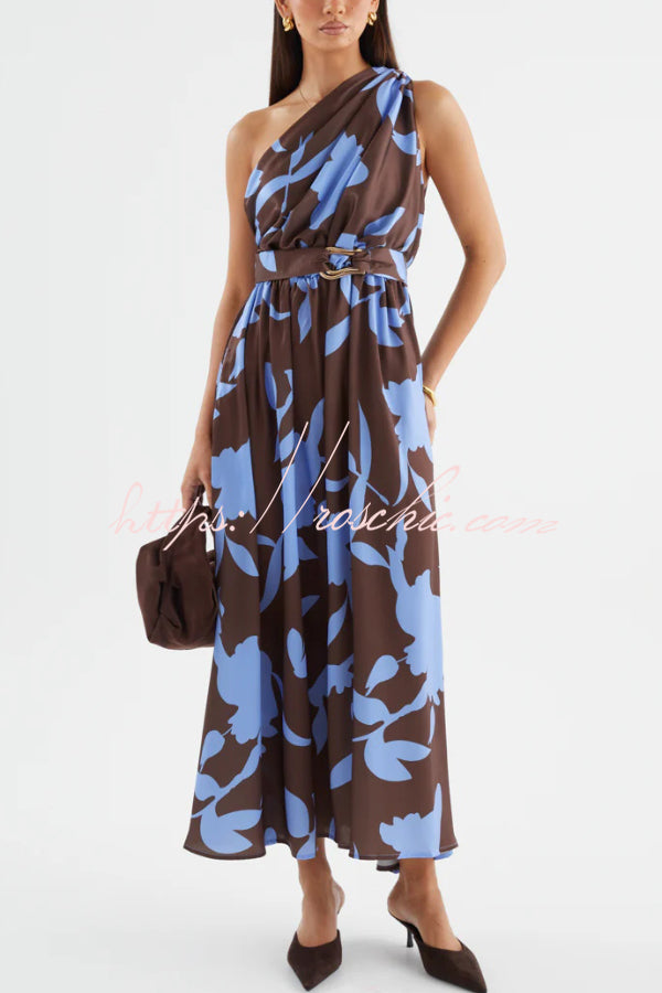 Unique Printed One-Shoulder Belt Casual Holiday Maxi Dress