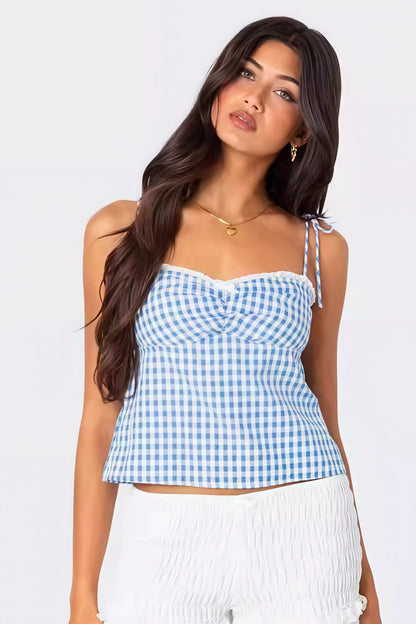 Top Cami a Cuadros con Ribete de Encaje y Espalda Atada