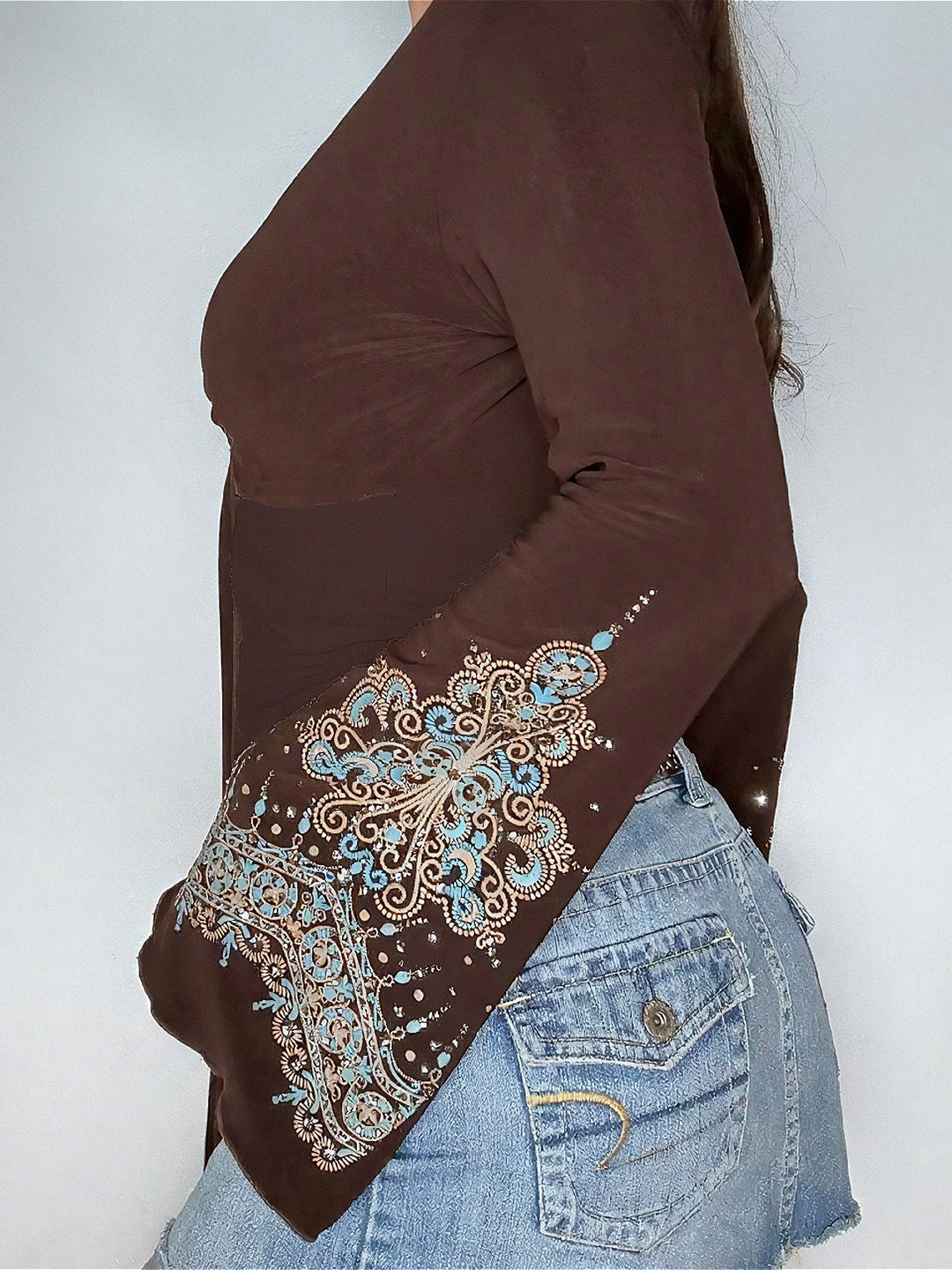 Vintage V Neck Printed Long Sleeve Long Sleeve Tee