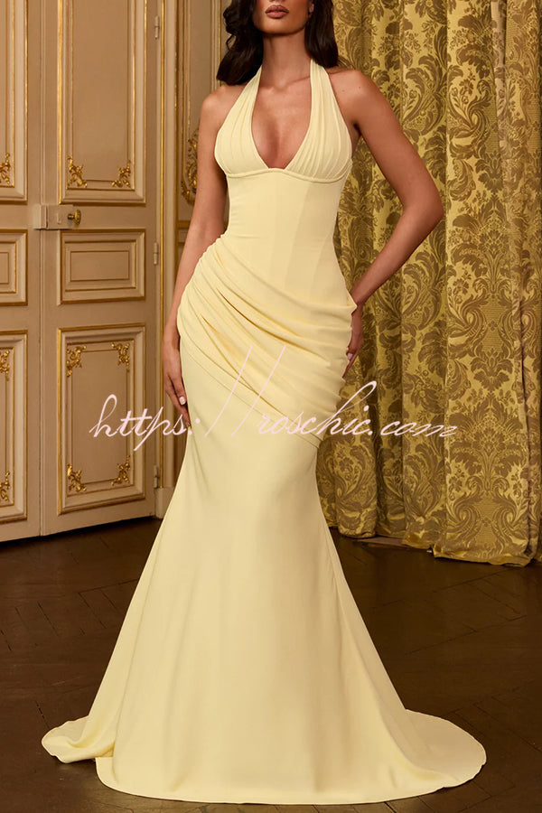 Nehemia Halter V-neck Back Lace-up Asymmetric Pleated Panel Drapes Maxi Dress