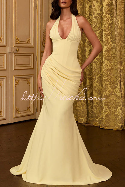 Nehemia Halter V-neck Back Lace-up Asymmetric Pleated Panel Drapes Maxi Dress