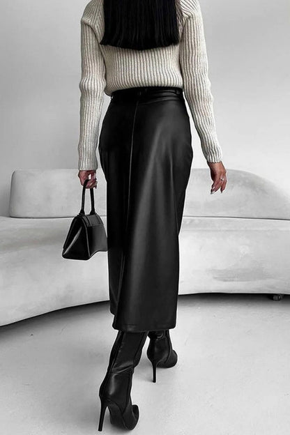 Vintage Leather High Waist Split Skirt