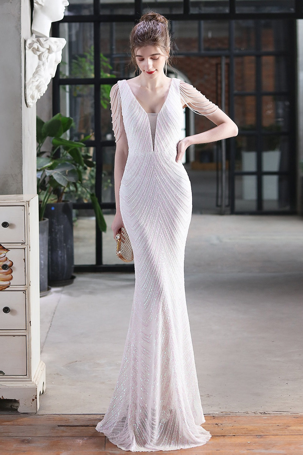 Elegante vestido de fiesta de sirena con lentejuelas