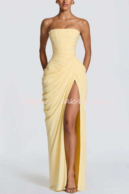 Cyra Back Lace-up Asymmetrical Pleats Strapless Slit Maxi Dress（Buy 2 Get Free Shipping）