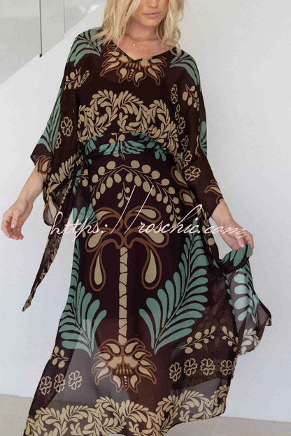Bohemian Style Unique Printed Chiffon Loose-fitting Belted Maxi Dress