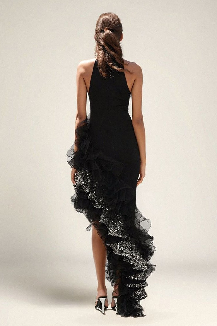 Vestido de Fiesta Asimétrico de Malla con Volantes Negro