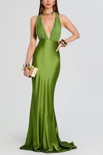 Fig Tulle Satin Patchwork Back Lace-up Drape Flare Maxi Dress