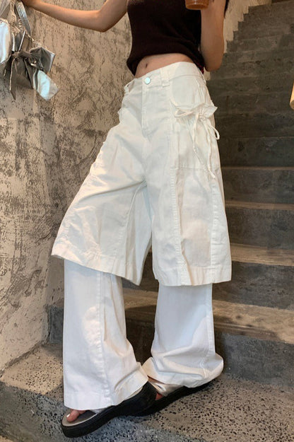 Pantalones vaqueros holgados Y2K blancos de dos piezas simuladas con pajarita