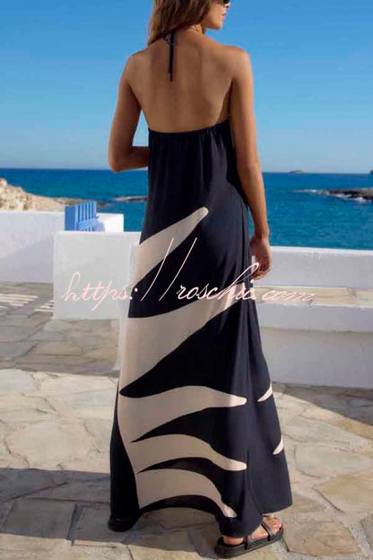 Stylish Color-blocked Print Halter Neck Backless Casual Vacation Maxi Dress