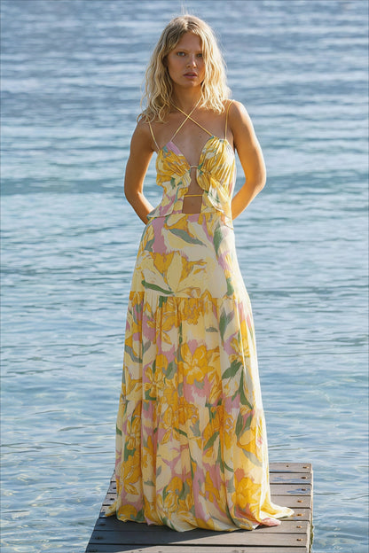 Elegante vestido largo floral de playa para vacaciones