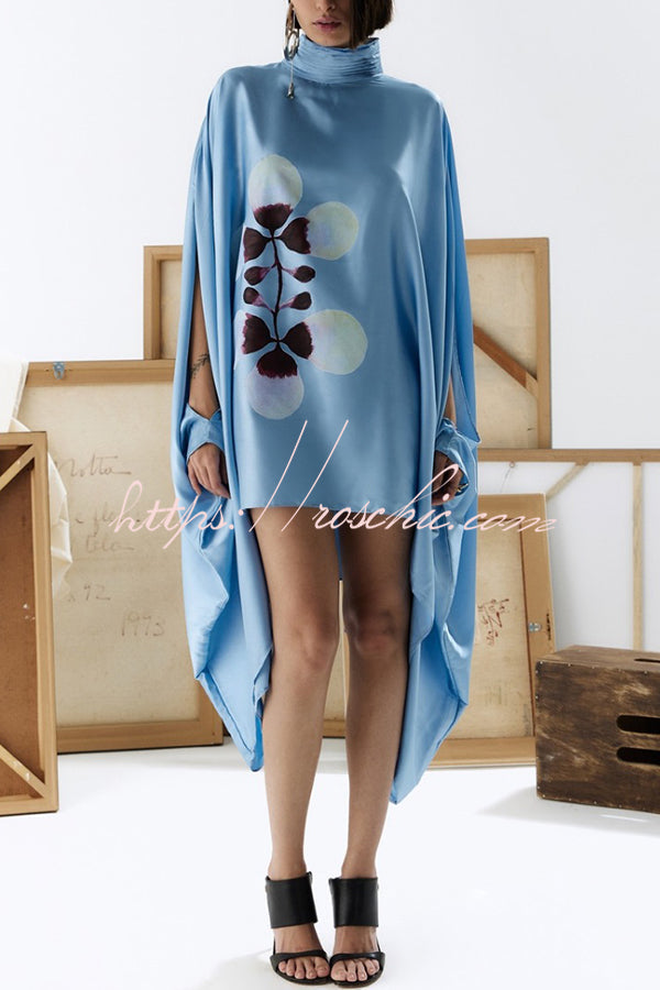 Luisa Satin Floral Print Pleated High-neck Batwing Cutout Sleeve Loose  Cape Mini Dress