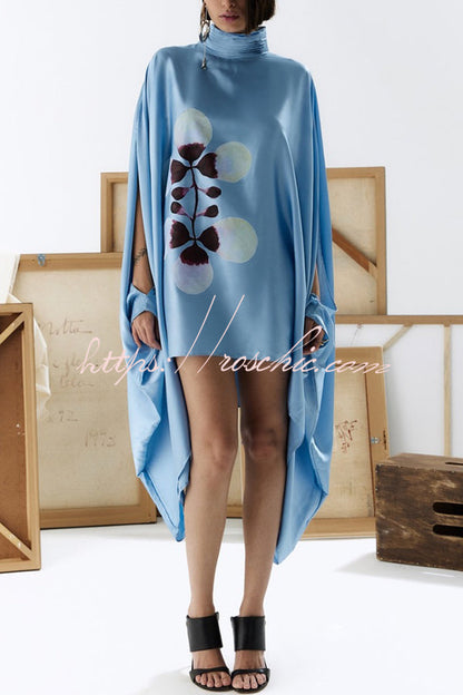 Luisa Satin Floral Print Pleated High-neck Batwing Cutout Sleeve Loose  Cape Mini Dress