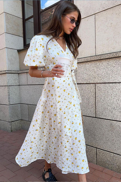 Vestido midi de algodón estampado con mangas abullonadas
