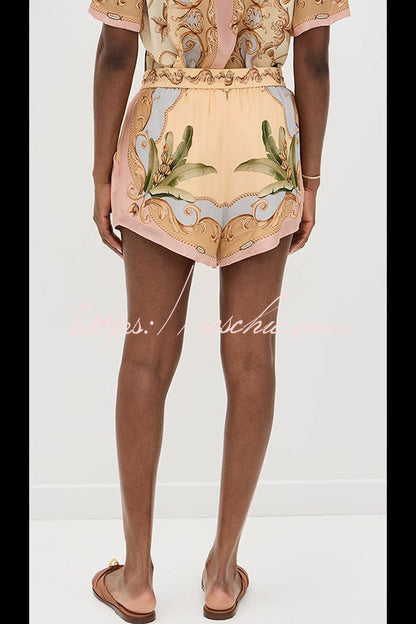 Royalty Unique Print Button Up Short Sleeve Shirt and Elastic Waist Pocketed Loose Shorts Set