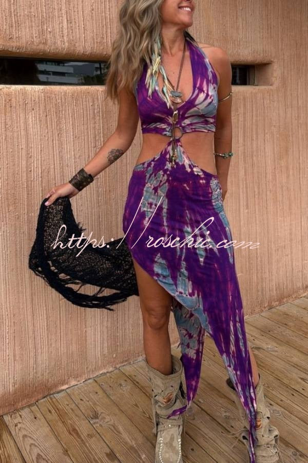 Unique Printed Halter Neck Waist-revealing Asymmetrical Maxi Dress