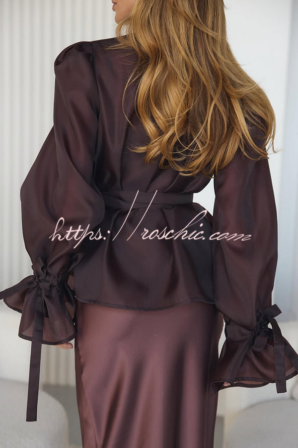 Graceful Party Tulle Knotted Long Sleeve Kimono Top and Satin Slip Midi Dress Set