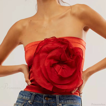 3D Flower Strapless Mesh Bandeau Crop Top Summer Streetwear