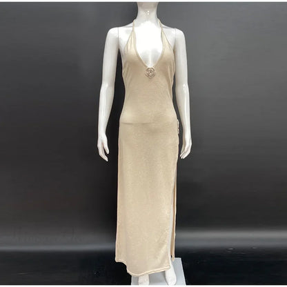 3D Flower V-neck Backless Lace-Up Maxi Floral Dress