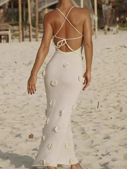 3D Flower V-neck Backless Lace-Up Maxi Floral Dress
