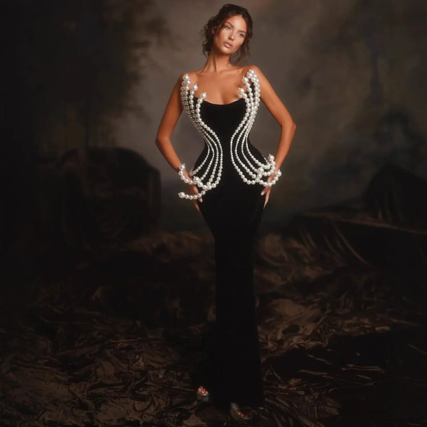 3D Pearl Strapless Bandage Prom Dress