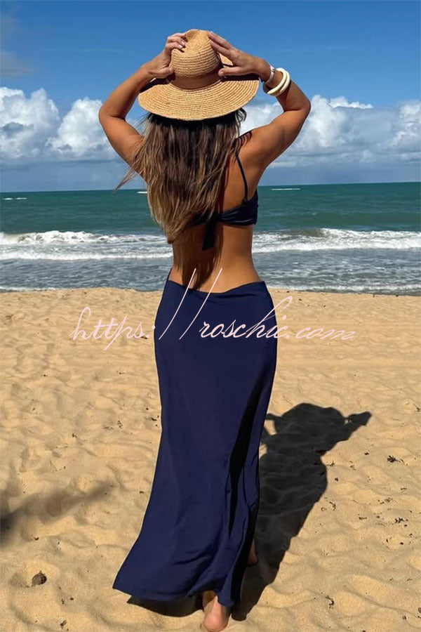 Metal Shell Straps Elastic Bikini and Slit Cover-up Dress Three-piece Set