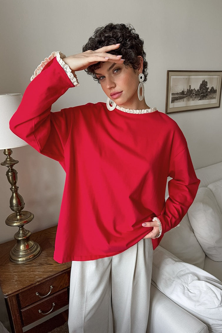 Camiseta de manga larga con cuello redondo, paneles y ribete con volantes
