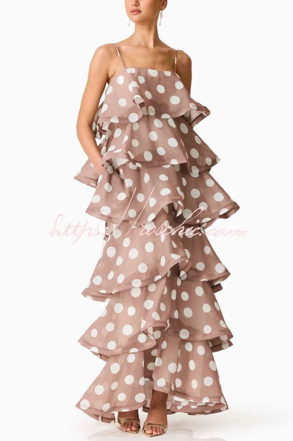 Polka Dot Print Layered Square Neck Suspender Casual A-line Maxi Dress