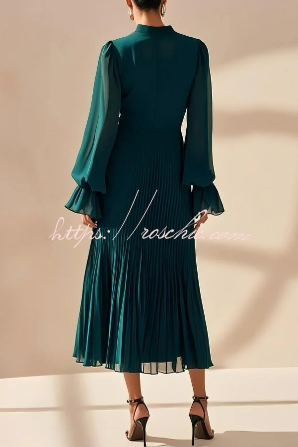Solid Color Round Neck Long Sleeve Fitted Waist Pleated Ruffle Midi Dress