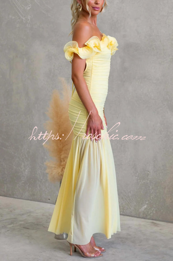 Solid Color Off-shoulder Pleated Backless Slim-fit Elegant Mesh Maxi Dress