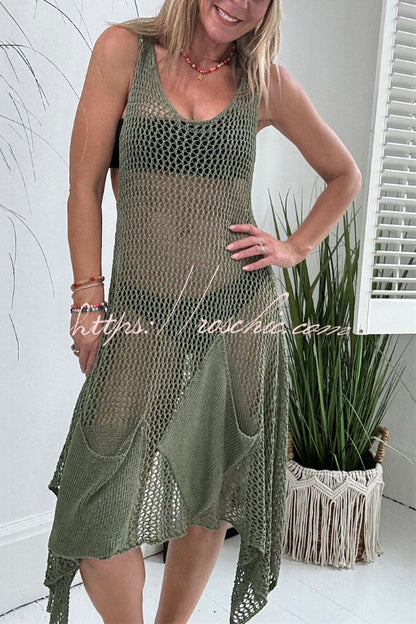 Fashionable Openwork Knit V-neck Sleeveless Pocket Cover-up Midi Dress