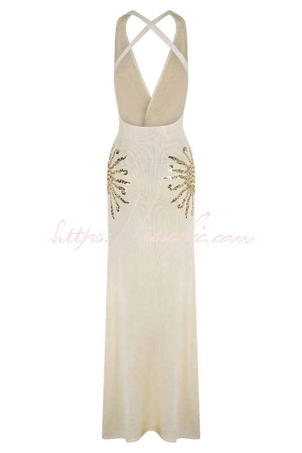 Sparkling Nights Knit Sunburst Sequin Detail Back Cross Straps Stretch Maxi Dress