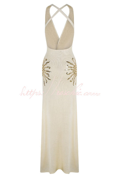 Sparkling Nights Knit Sunburst Sequin Detail Back Cross Straps Stretch Maxi Dress