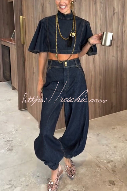Luna Denim High Rise Pocket Adjustable Buckle Ankle Strap Harem Pants