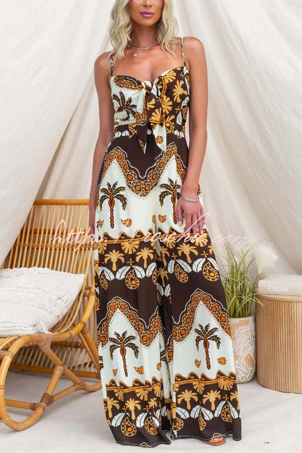 Unique Print Casual Spaghetti Strap High Waist Resort Loose Wide Leg Jumpsuit