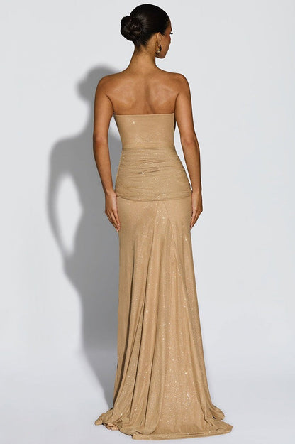 Vestido de fiesta plateado, sexy, elegante, sin tirantes, con hombros descubiertos