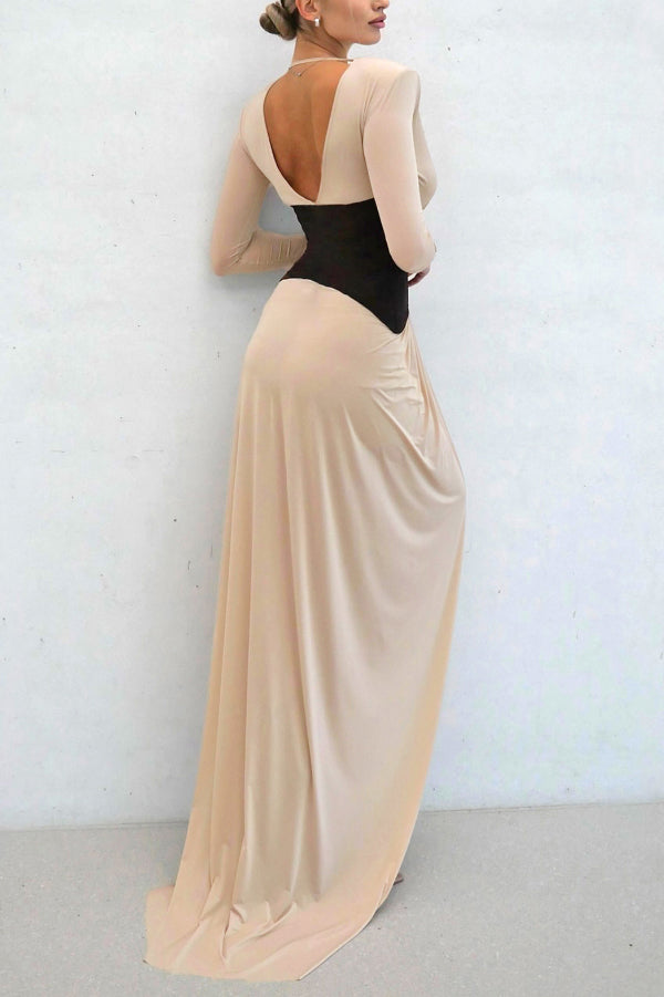 Stylish Color-blocked V-neck Long-sleeved Elegant High-slit Slim-fit Maxi Dress