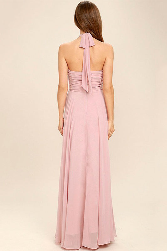 Vestido de noche formal de gasa fruncido con cuello halter