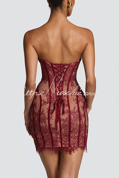Jaya Floral Lace Contrast Structural Detail Back Lace-up Strapless Slit Mini Dress