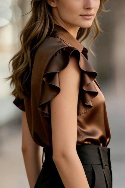 Solid Color Satin Collar Ruffle Short-sleeved Casual Shirt