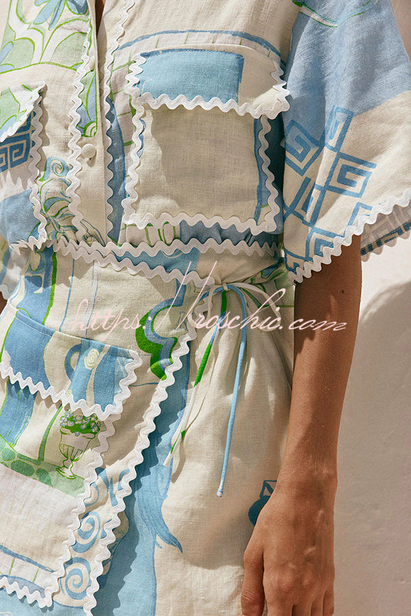 Pierre Linen Blend Ric Rac Trims Unique Print Short Sleeve Shirt and Wrap Tie-up Mini Skirt Set