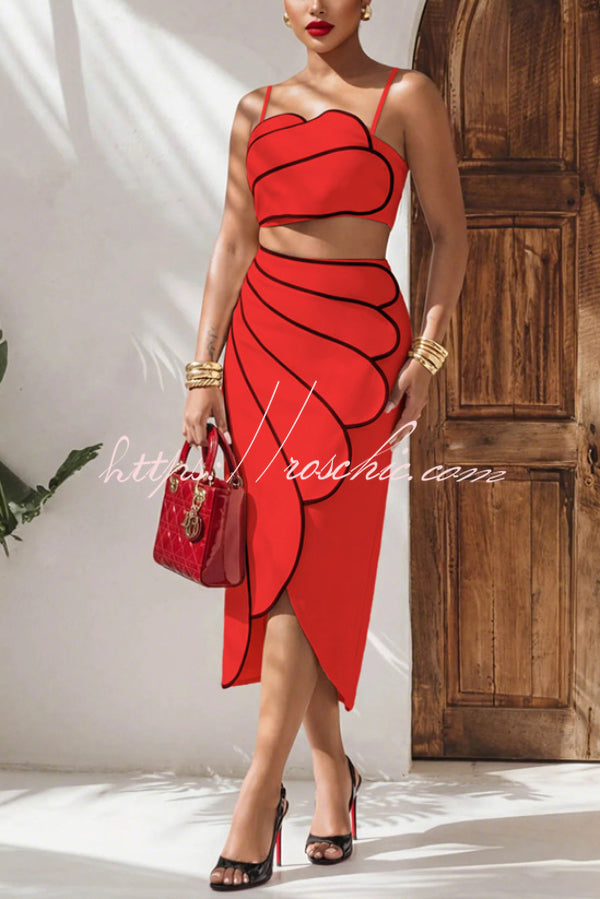 Stylish Spaghetti Strap Cropped Fitted Top and Elegant Asymmetrical Midi Skirt Set