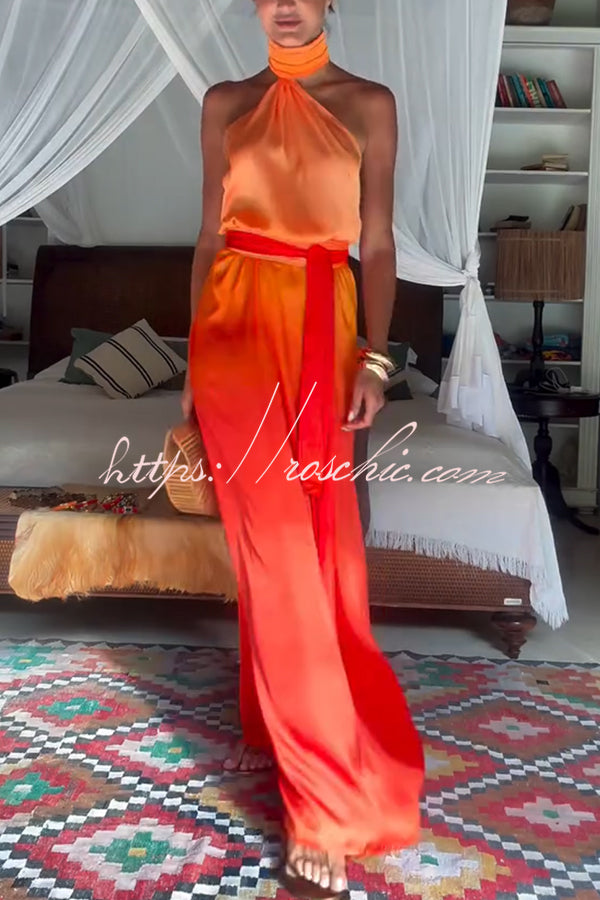Chase The Sun Gradient Print High Neck Backless Tie-up Maxi Dress
