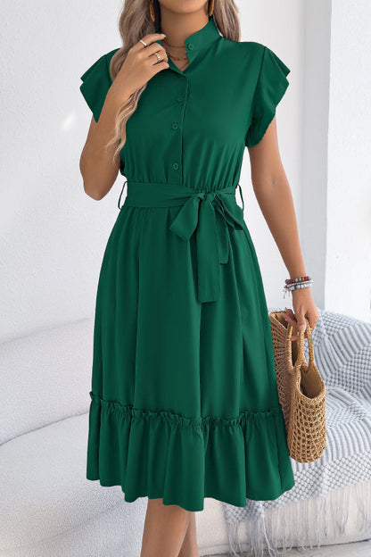 Solid Color Stand Collar Button Waist Tie Casual Midi Dress