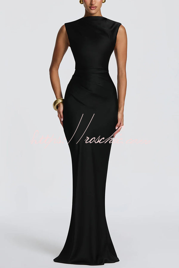 Avielle Satin High Neck Back Asymmetric Pleated Lace-up Drape Maxi Dress
