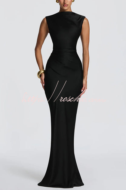Avielle Satin High Neck Back Asymmetric Pleated Lace-up Drape Maxi Dress