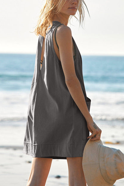 Solid Color Casual Round Neck Sleeveless Pocket Loose Rompers