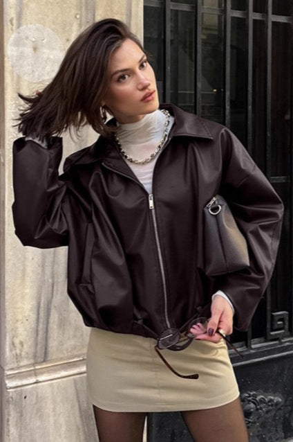 Chaqueta de cuero retro tipo biker marrón