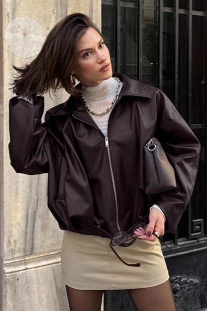 Chaqueta de cuero retro tipo biker marrón