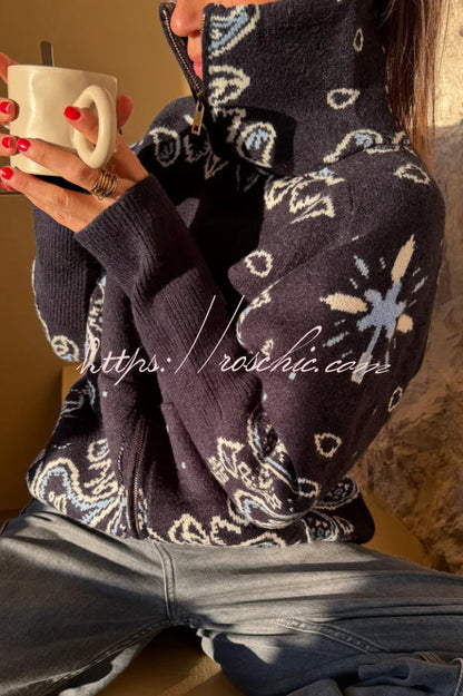 Fashionable Jacquard Turtleneck Long-sleeved Casual Zip-up Pocket Knit Top