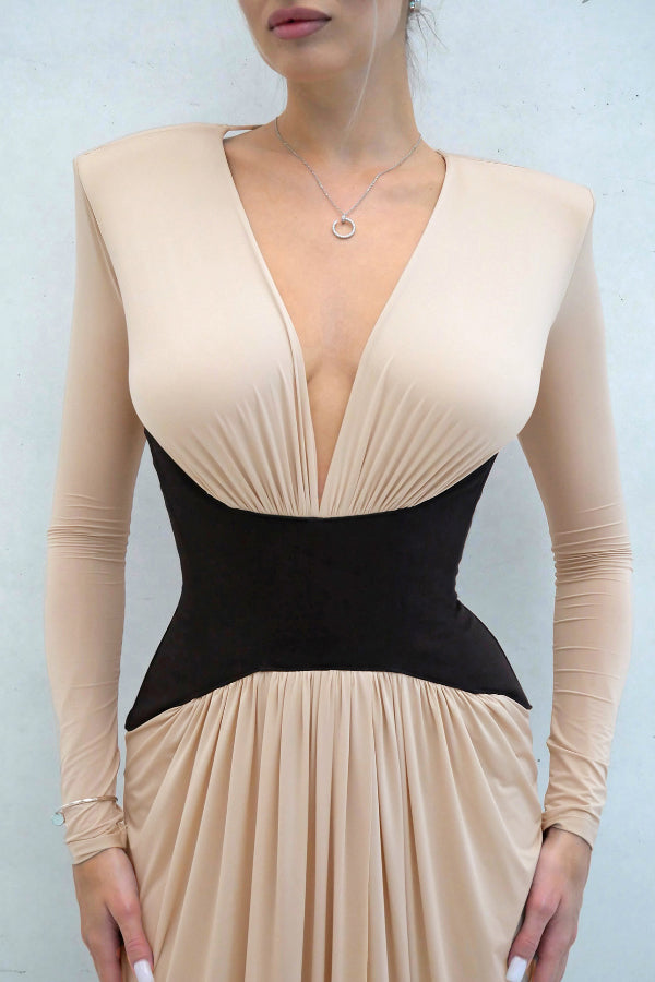 Stylish Color-blocked V-neck Long-sleeved Elegant High-slit Slim-fit Maxi Dress